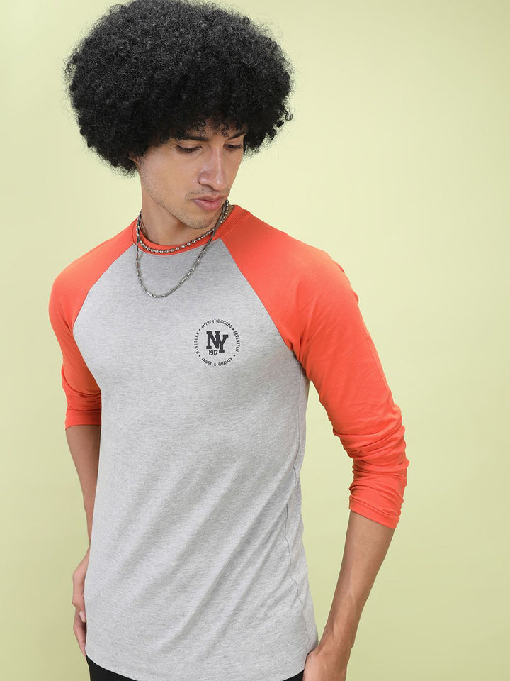 The Indian Garage Co Men Grey Melange  Orange Colourblocked Round Neck Pure Cotton T-shirt