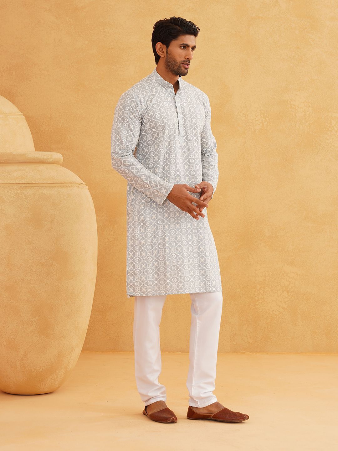 SOJANYA Floral Embroidered Sequinned Band Collar Pure Cotton Straight Kurta With Churidar