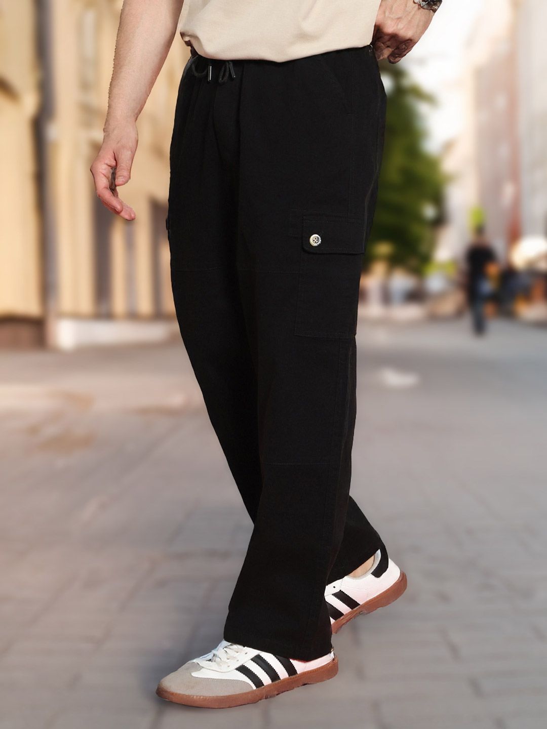 Urbano Fashion Men Black Loose Baggy Fit Cargo Jogger Chino with 6 Pockets Stretchable