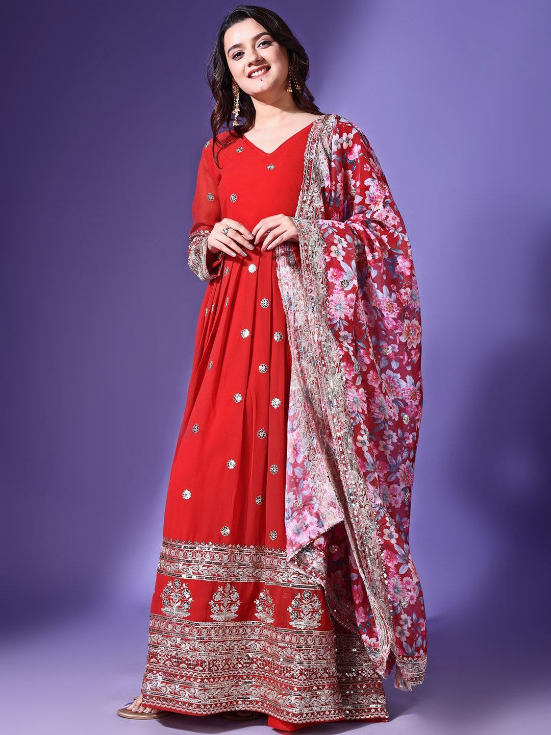 KALINI Floral Embroidered Georgette Maxi Ethnic Dress With Dupatta