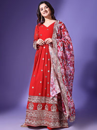 KALINI Floral Embroidered Georgette Maxi Ethnic Dress With Dupatta