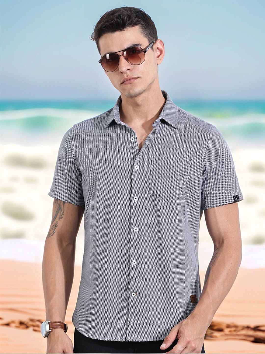 Thomas Scott Men Classic Slim Fit Spread Collar Geometric Printed Cotton Knitted Shirt