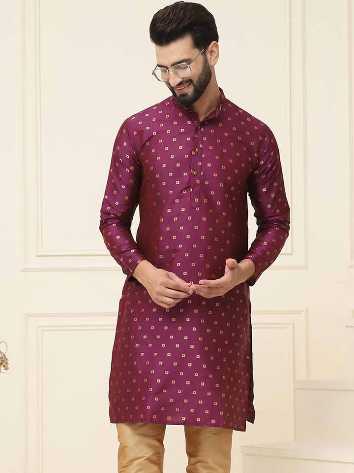 SOJANYA Geometric Woven Design Band Collar Long Sleeves Regular Silk Straight Kurta