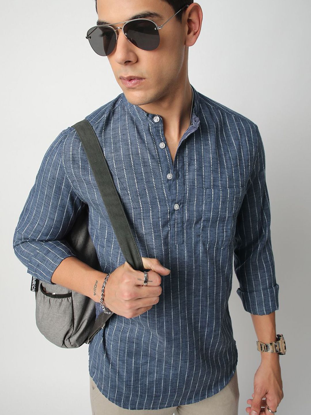 VASTRADO Pure Cotton Striped Mandarin Collar Dobby A-Line Short Kurta