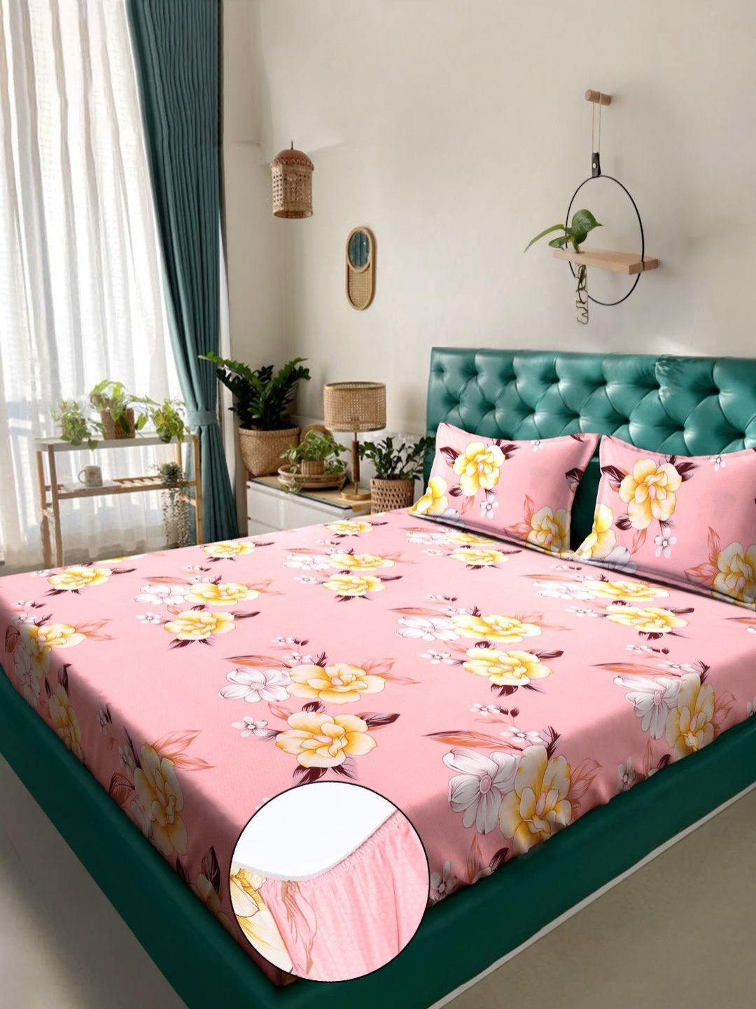 Myntra Elegant Homes Pink Floral Cotton 300 TC Fitted King Fine Bedsheet with 2 Pillow Covers-98 x 89 inches