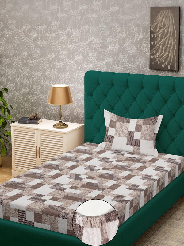 Klotthe Brown Geometric 400 TC Pure Cotton Fitted Single Bedsheet with Pillow Cover
