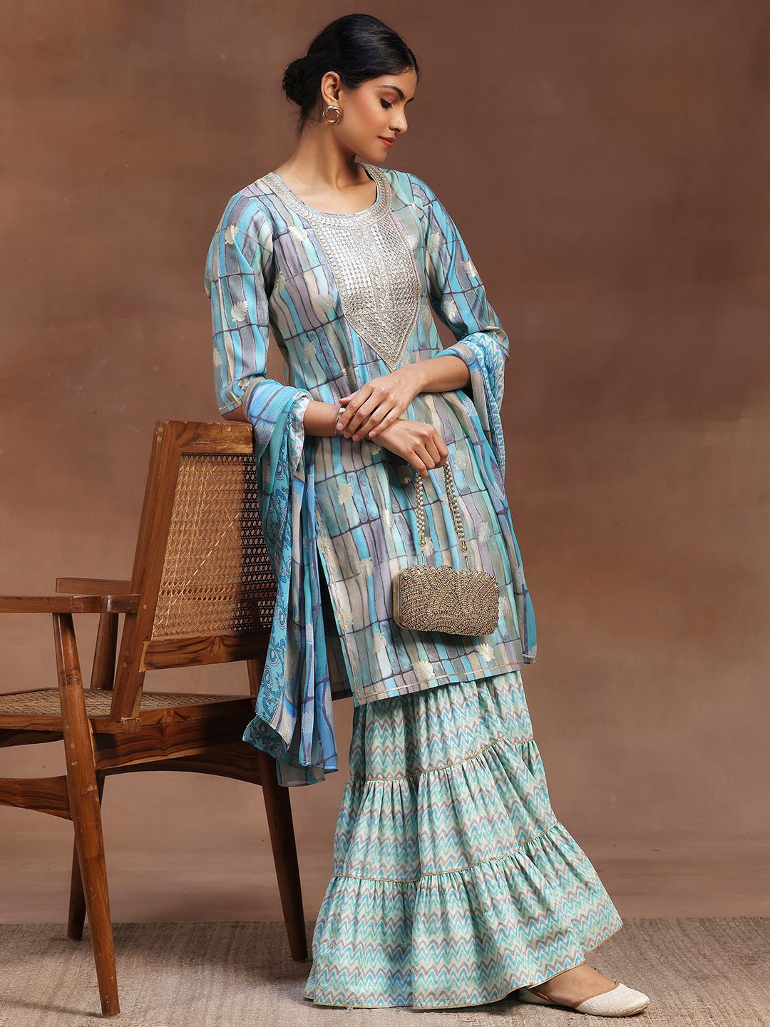 Libas Geometric Printed Sequinned Straight Kurta With Sharara & Dupatta