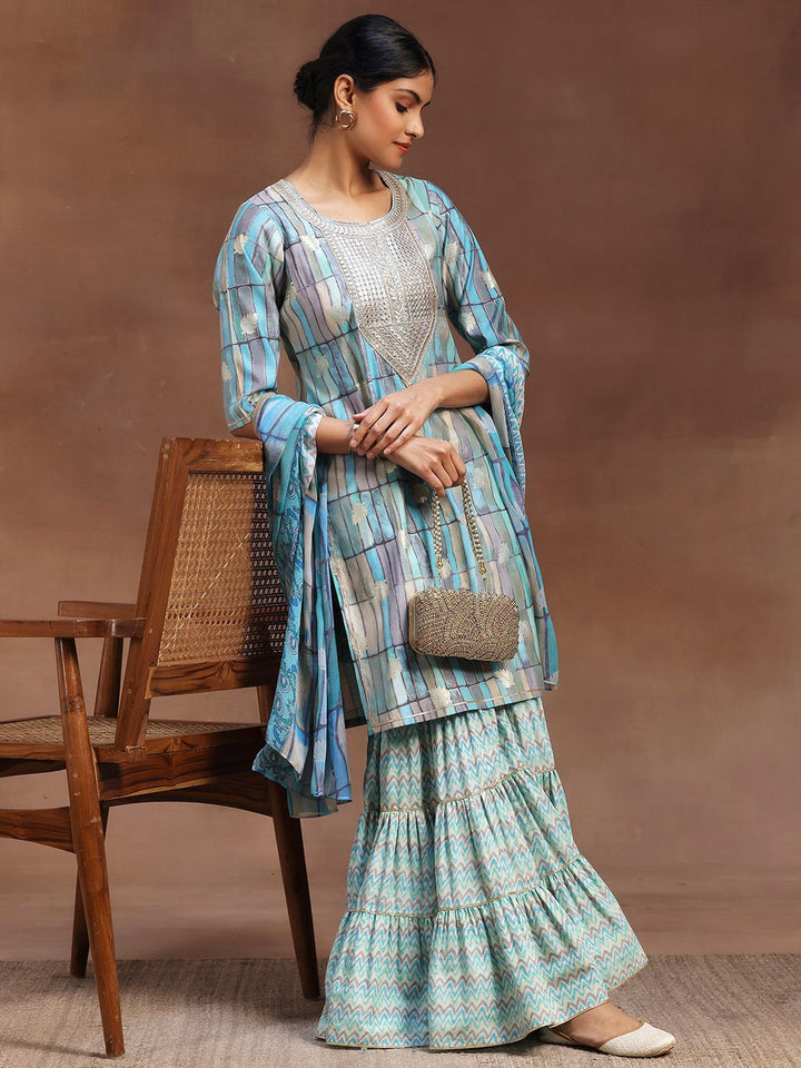 Libas Geometric Printed Sequinned Straight Kurta With Sharara & Dupatta