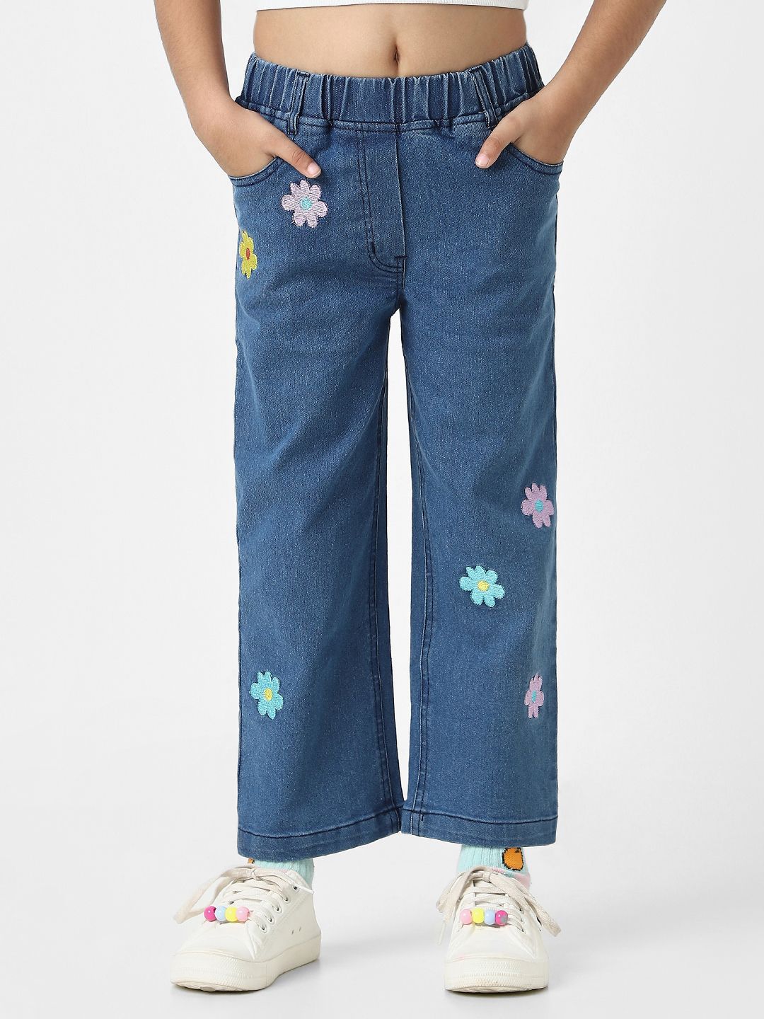 Nauti Nati Girls Cotton Denim Jeans with Little Flower Appliques