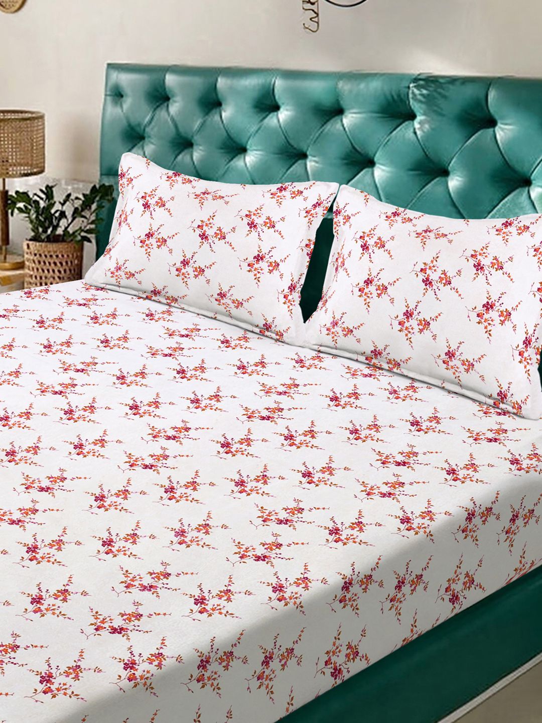 KLOTTHE White Floral Cotton 300 TC Fitted King Fine Bedsheet with 2 Pillow Covers-98 x 89 inches