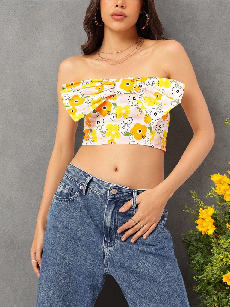 DressBerry Floral Frenzy Bow-Front Smocked Tube Crop Top