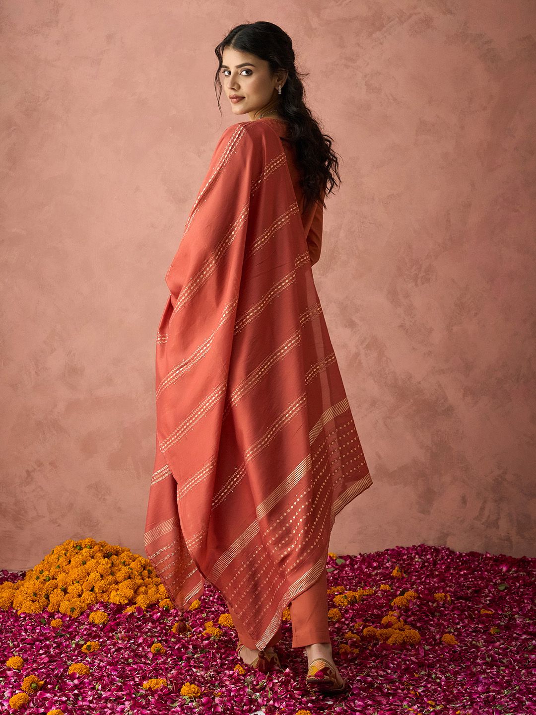 KALINI Ethnic Motifs Yoke Design Sequinned Kurta with Trousers & Dupatta