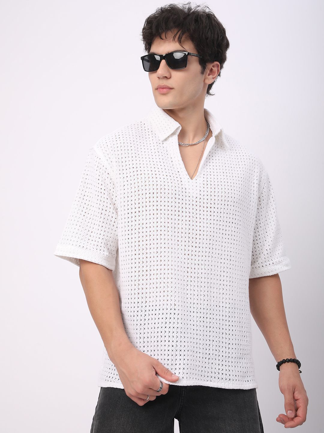 VASTRADO Oversized Classic Crochet Polo Collar Cotton T-Shirt
