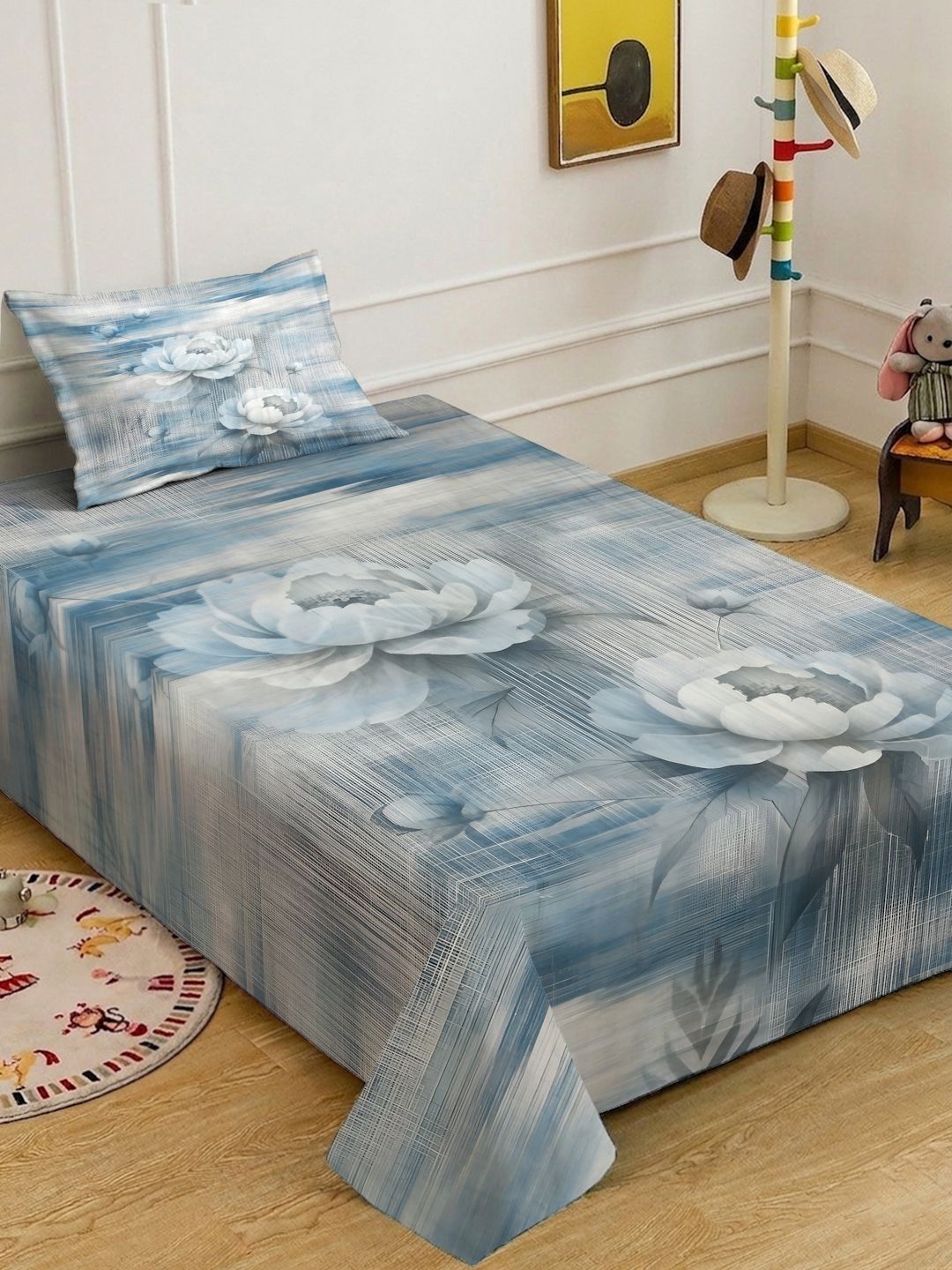 KLOTTHE Blue Floral 400 TC Single 7D Bedsheet with 1 Pillow Covers