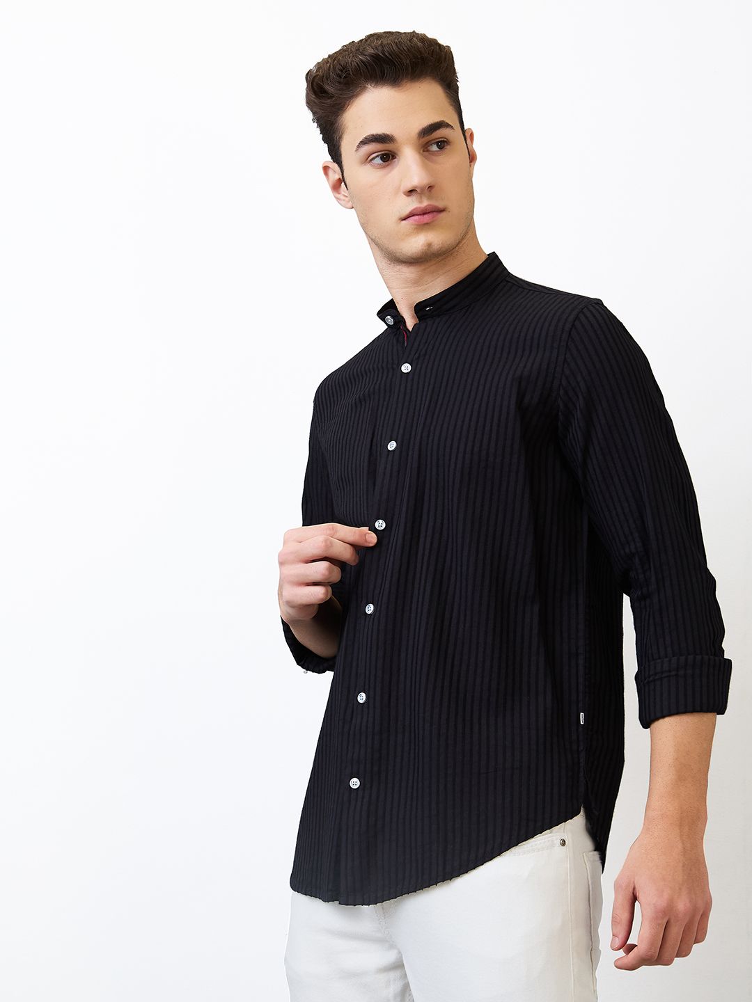 SPYKAR Men Band Collar Vertical Striped Cotton Casual Shirt