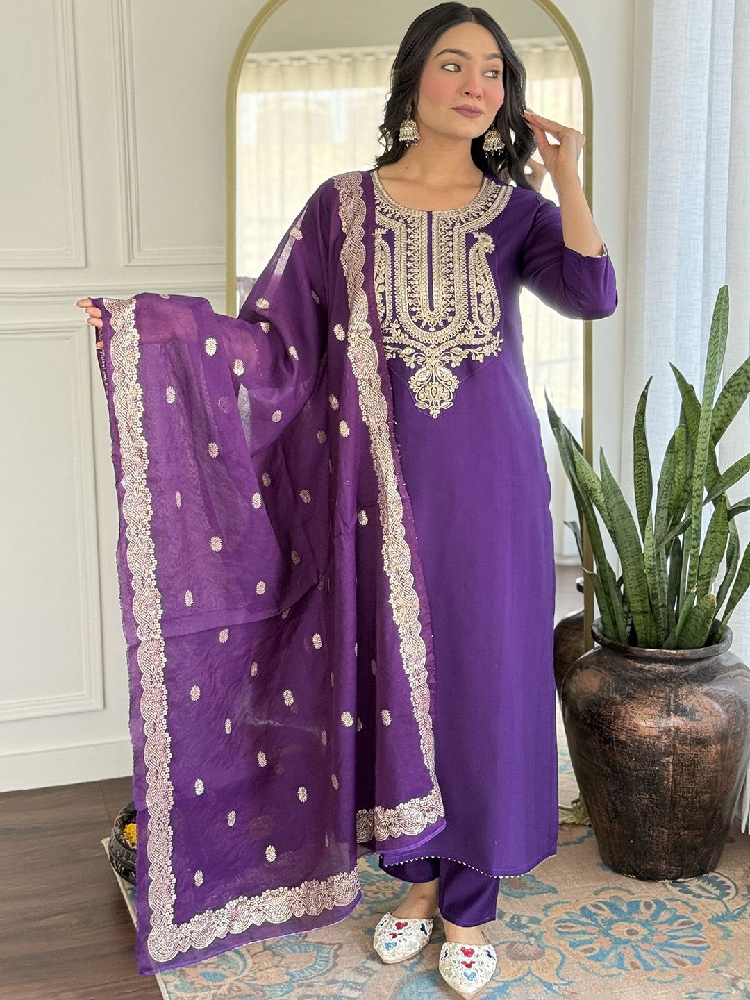 KALINI Ethnic Motifs Yoke Design Pure Silk Straight Kurta With Trousers & Dupatta