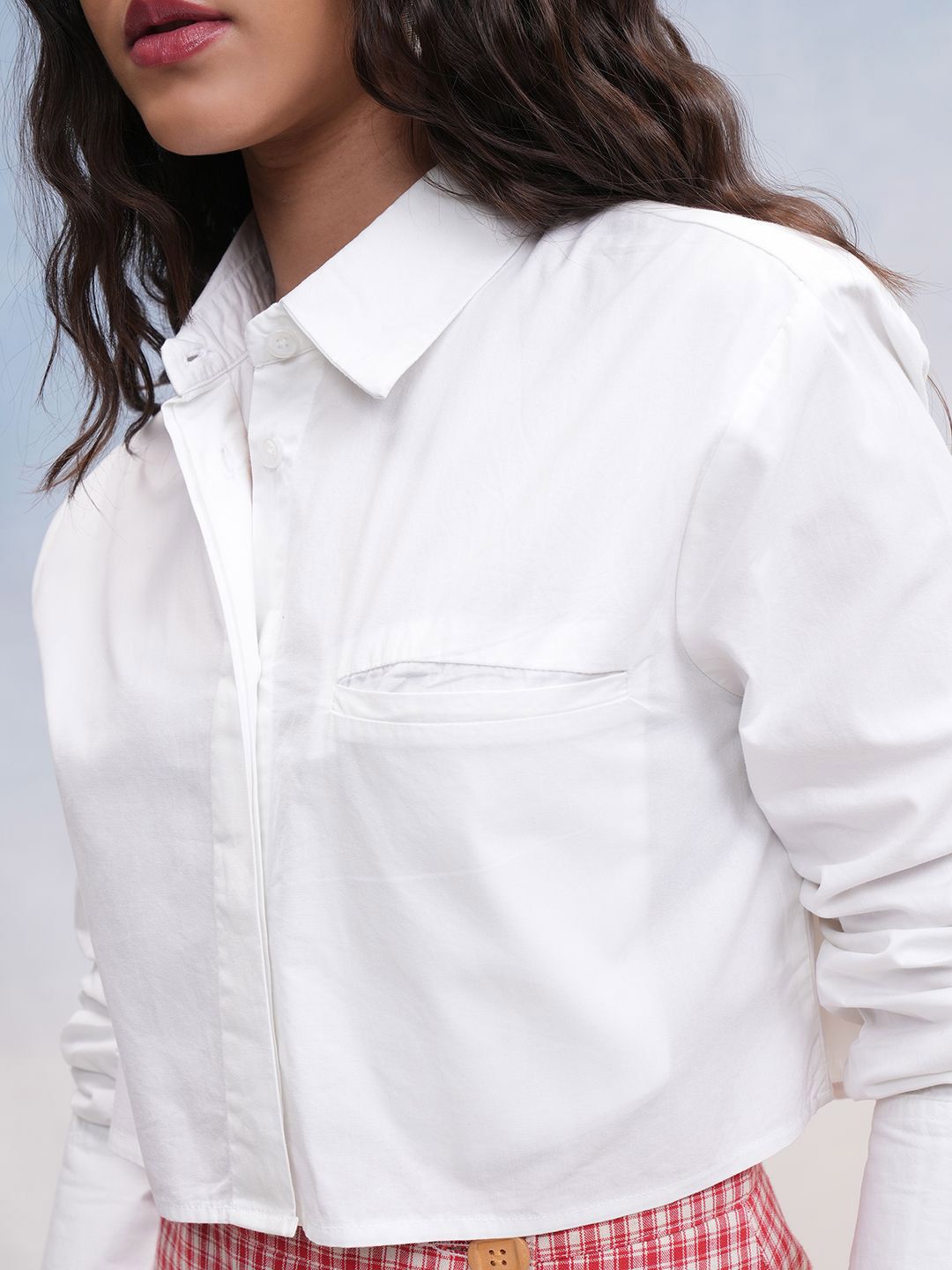 Tokyo Talkies Women Off Mock Pocket Crop Shirt