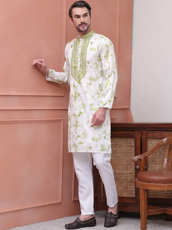 Jompers Abstract Printed Mandarin Collar Regular Thread Work Straight Kurta With Pyjama