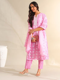 Mamicha Women Ethnic Motifs Printed Regular Thread Work Pure Cotton Kurta with Trousers & With Dupatta