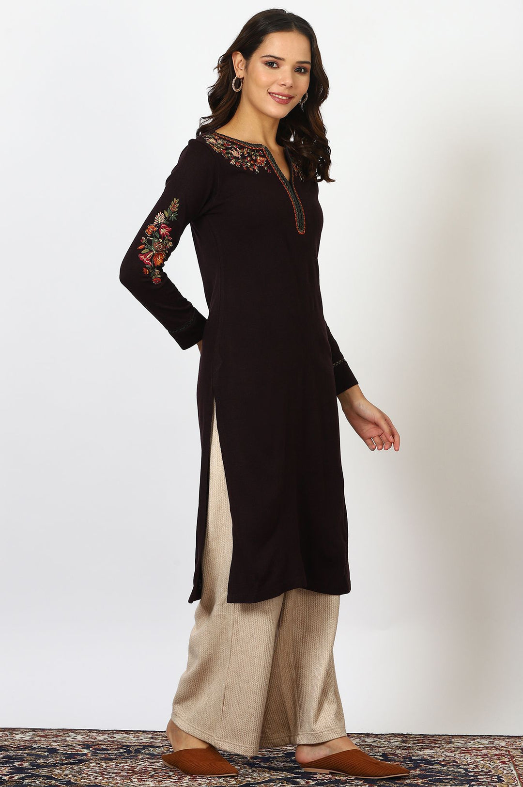 W Floral Embroidered Notch Neck Straight Kurta