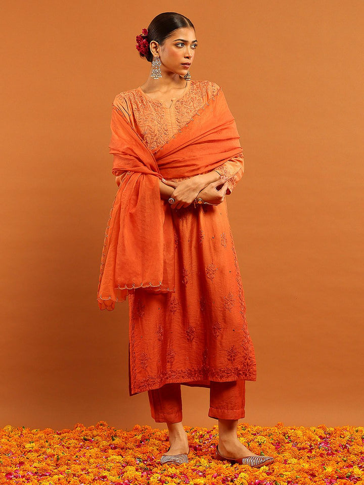 House of Chikankari Embroidered Ethnic Motifs Chanderi Kurta Trouser Set