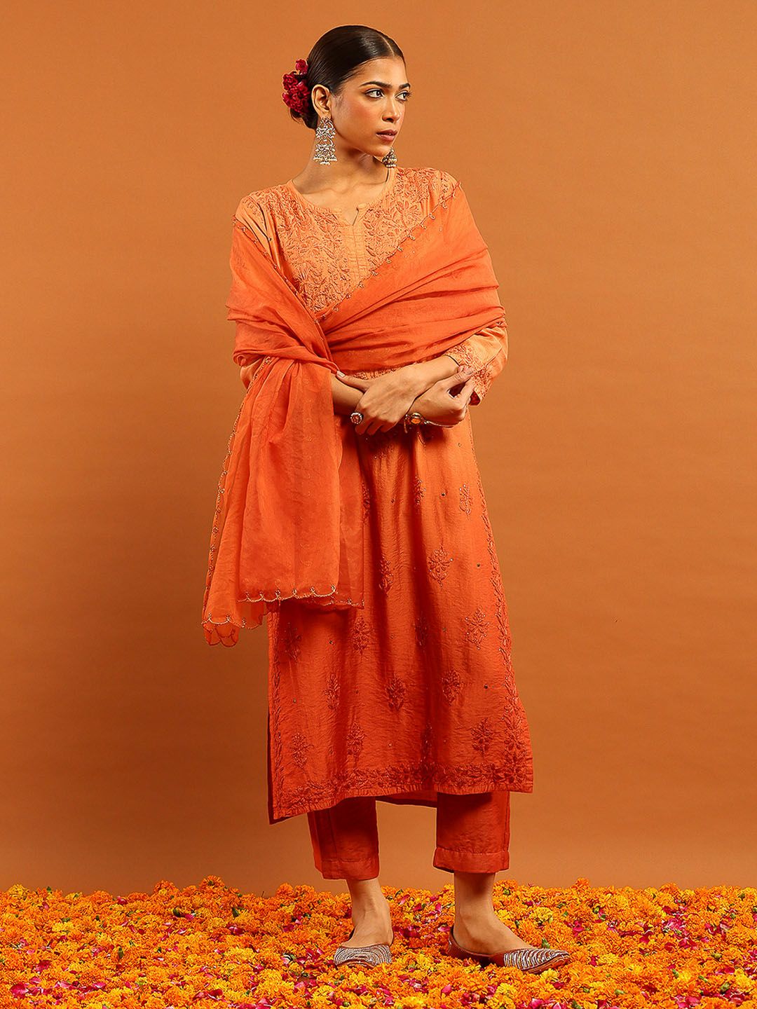 House of Chikankari Embroidered Ethnic Motifs Chanderi Kurta Trouser Set