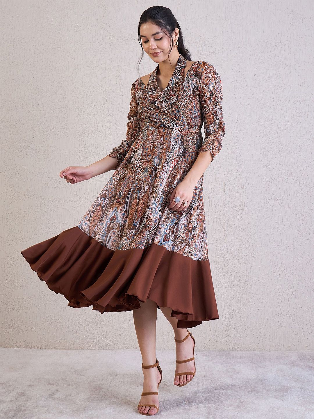Antheaa Ethnic Motifs Printed Chiffon Fit & Flare Midi Dress