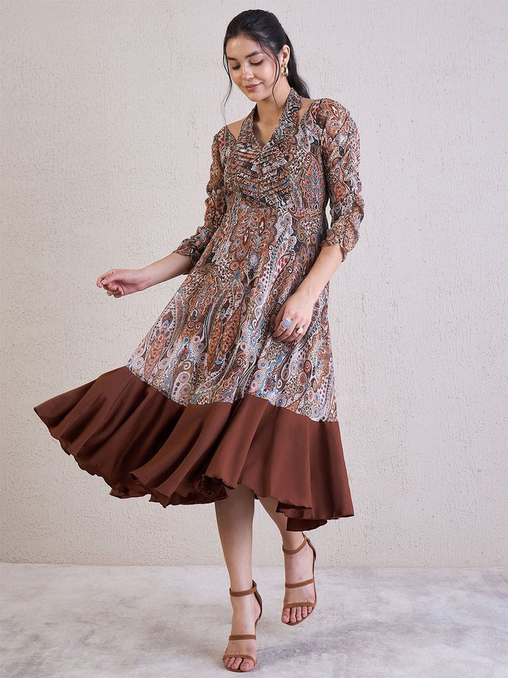 Antheaa Ethnic Motifs Printed Chiffon Fit & Flare Midi Dress