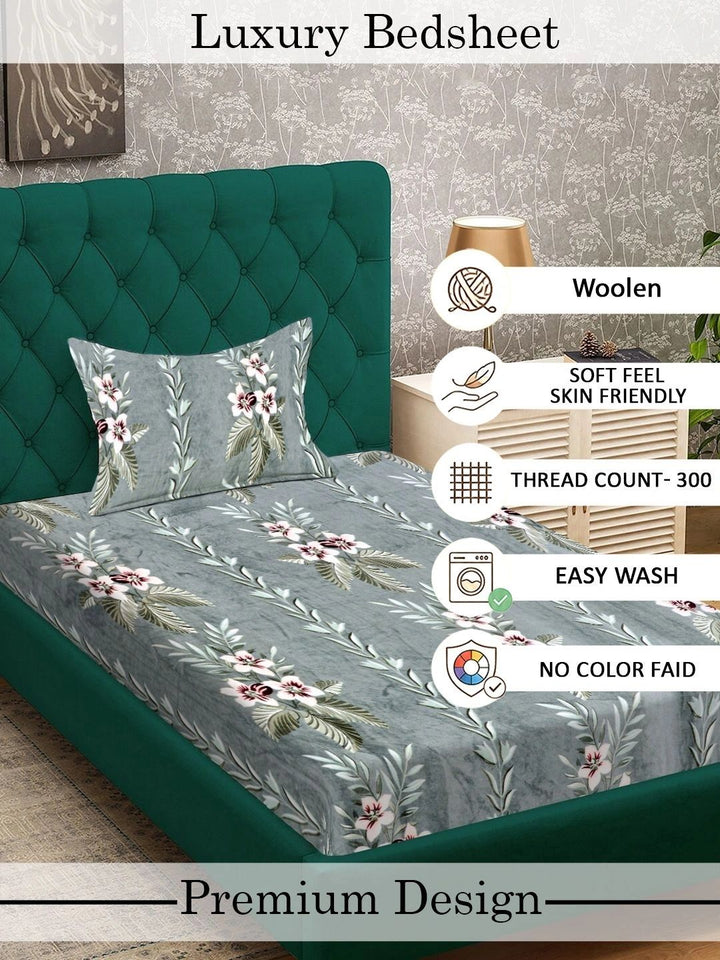 Myntra Elegant Homes Green Floral Printed Fitted 300 TC Single Bedsheet Set- 225X150 cm