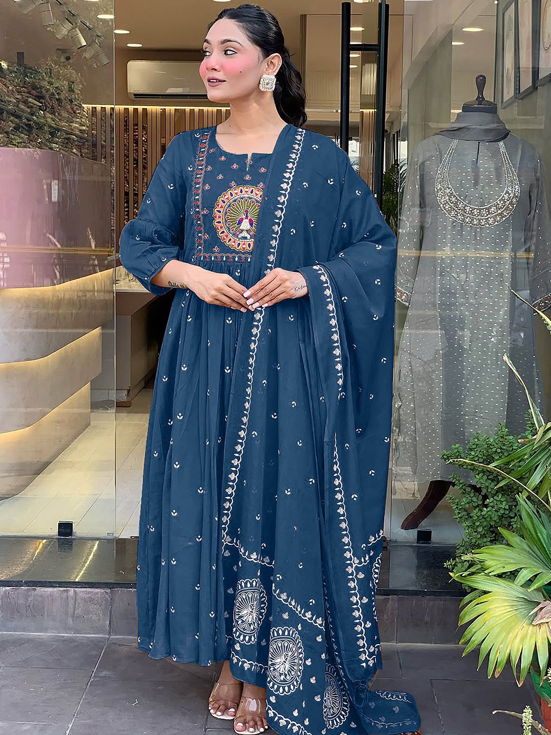 KALINI Floral Embroidered Pleated Mirror Work Anarkali Kurta With Trousers & Dupatta