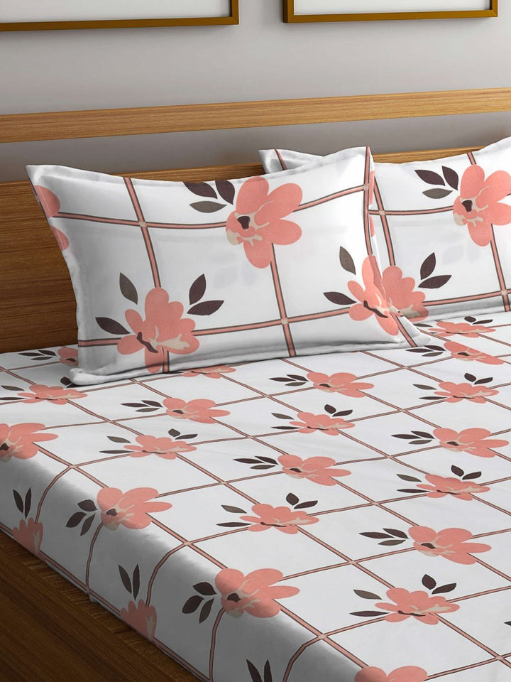Myntra Elegant Homes White Floral Polycotton 300 TC King Fine Bedsheet with 2 Pillow Covers-98 x 87 inches
