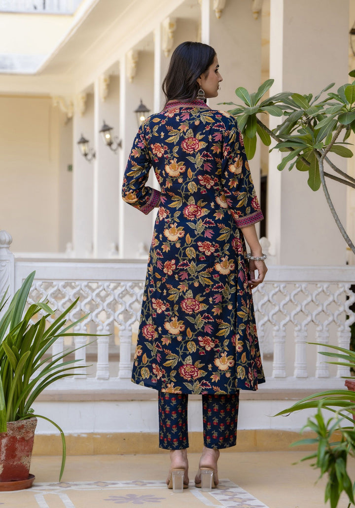 KALINI Floral Printed V-Neck Pleated A-Line Kurta With Trouser And Dupatta