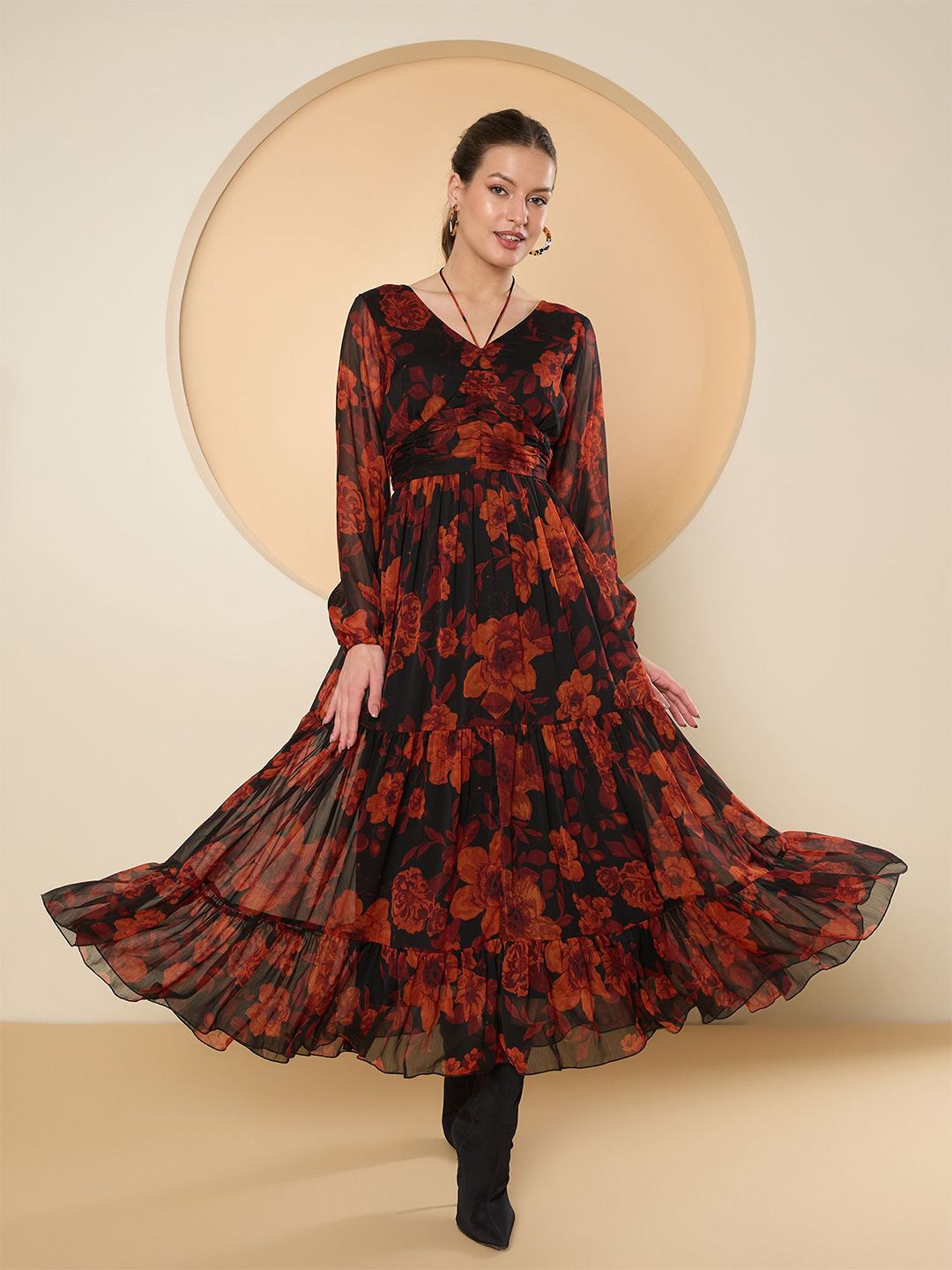 Antheaa Floral Print Chiffon Fit & Flare Maxi Dress