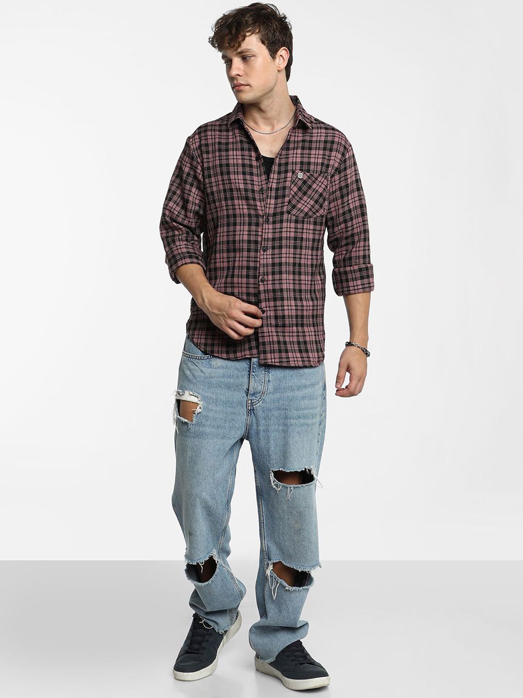 Campus Sutra Men Comfort Spread Collar Tartan Checked Polycotton Casual Shirt