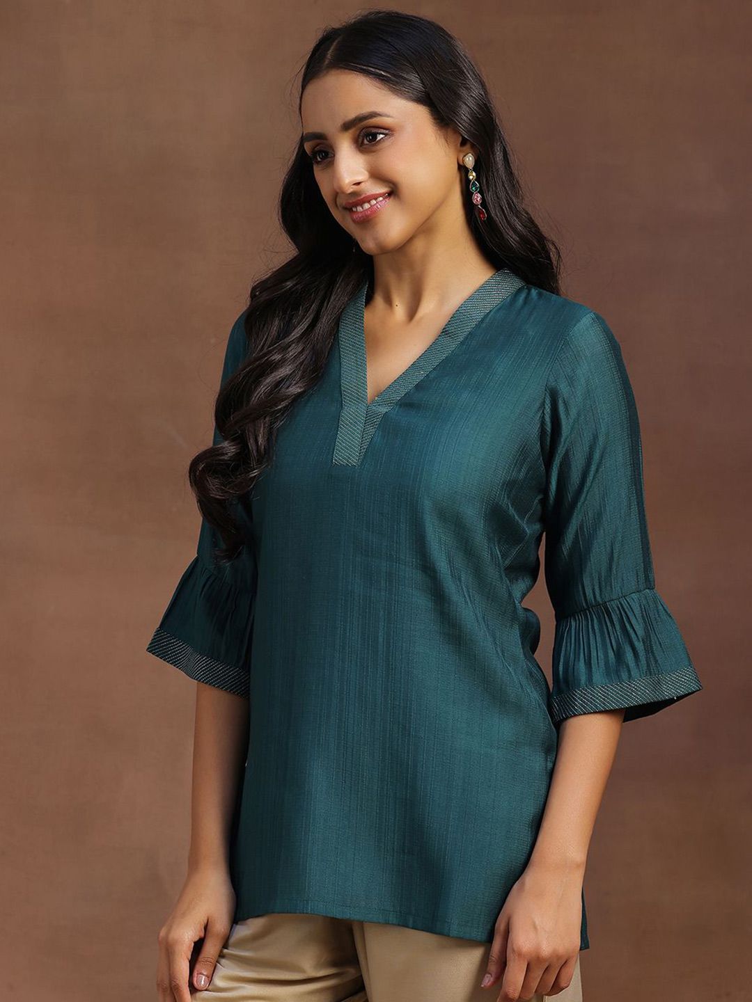 Libas Striped V-Neck Bell Sleeves Zari Straight Kurti