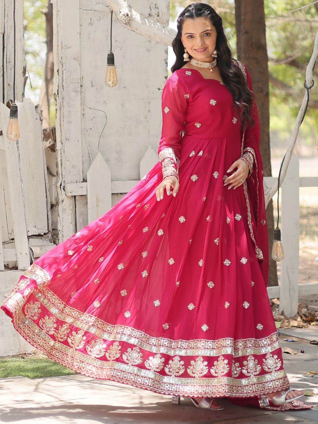 KALINI Embroidered Georgette Anarkali Kurta With Dupatta