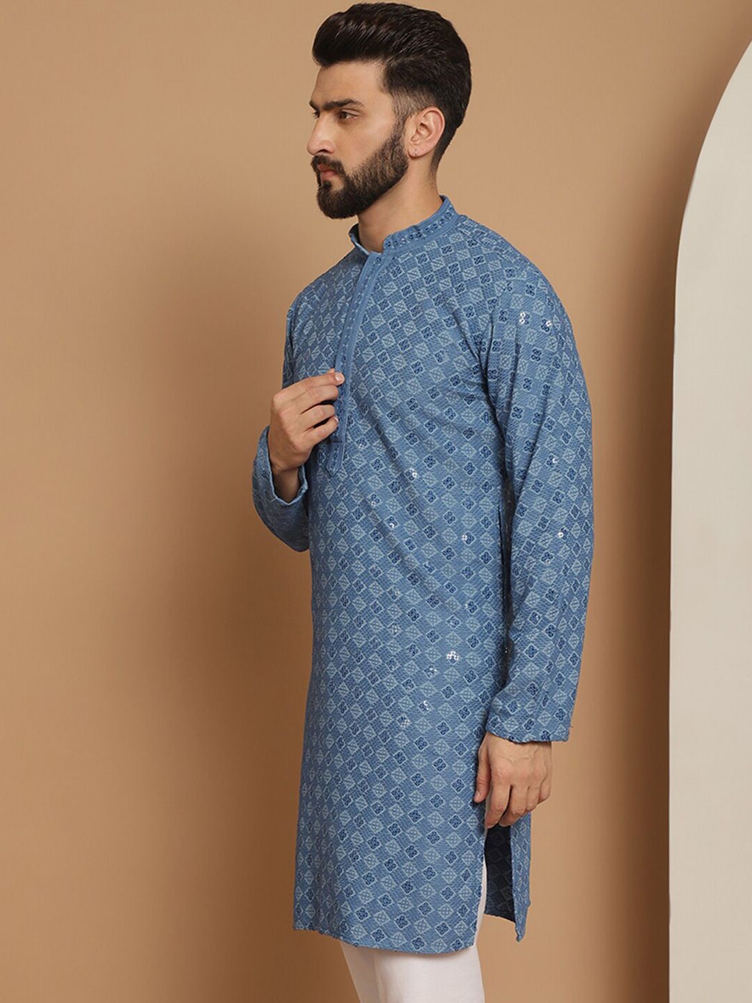 Anouk Blue Ethnic Motifs Embroidered Sequinned Detailed Cotton Straight Kurta