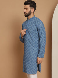 Anouk Blue Ethnic Motifs Embroidered Sequinned Detailed Cotton Straight Kurta