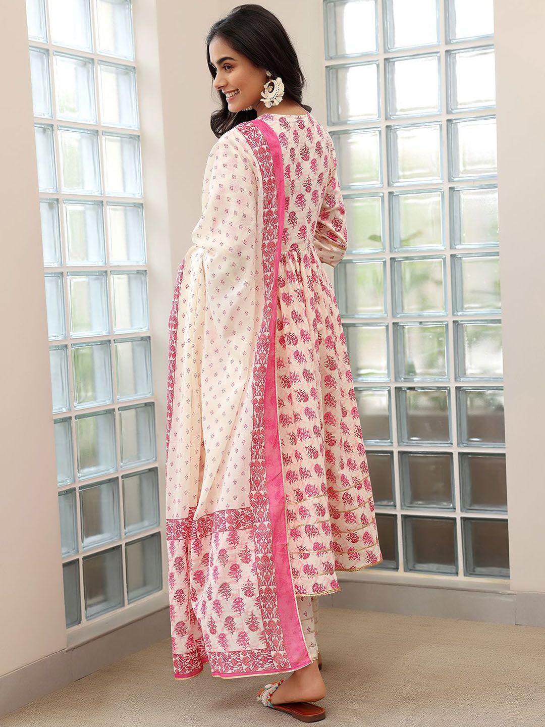Libas Floral Printed Gotta Patti Pure Cotton Anarkali Kurta with Trousers & Dupatta