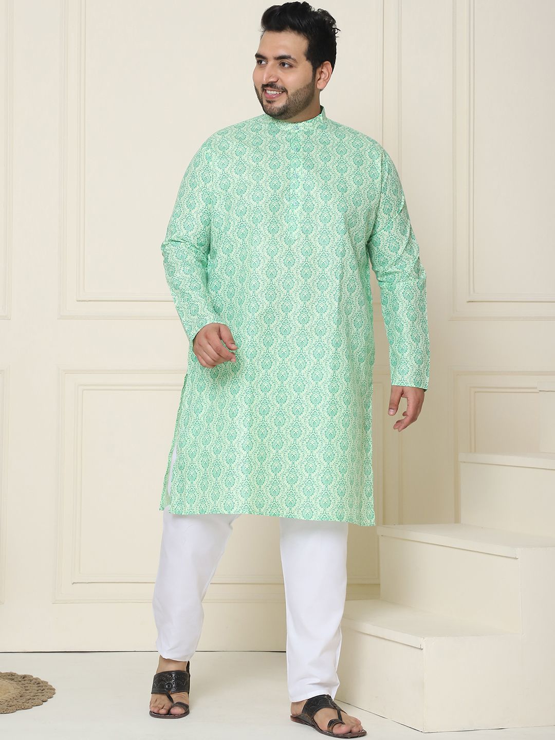 SOJANYA PLUS Ethnic Motifs Band Collar Straight Kurta With Pyjamas