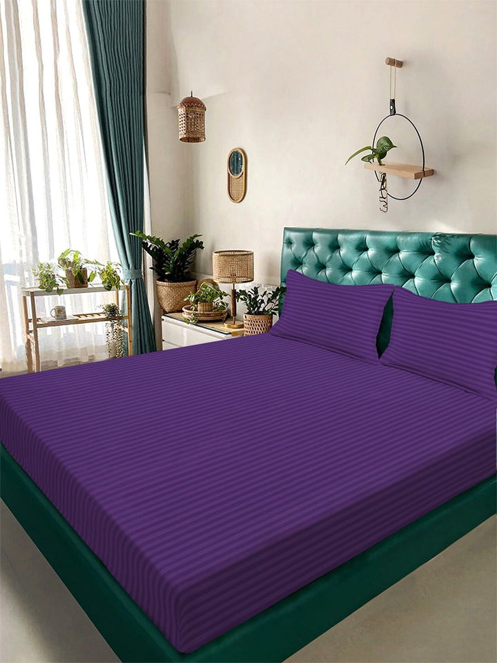 Myntra Elegant Homes Purple & White Striped 300 TC King Bedsheet with 2 Pillow Covers