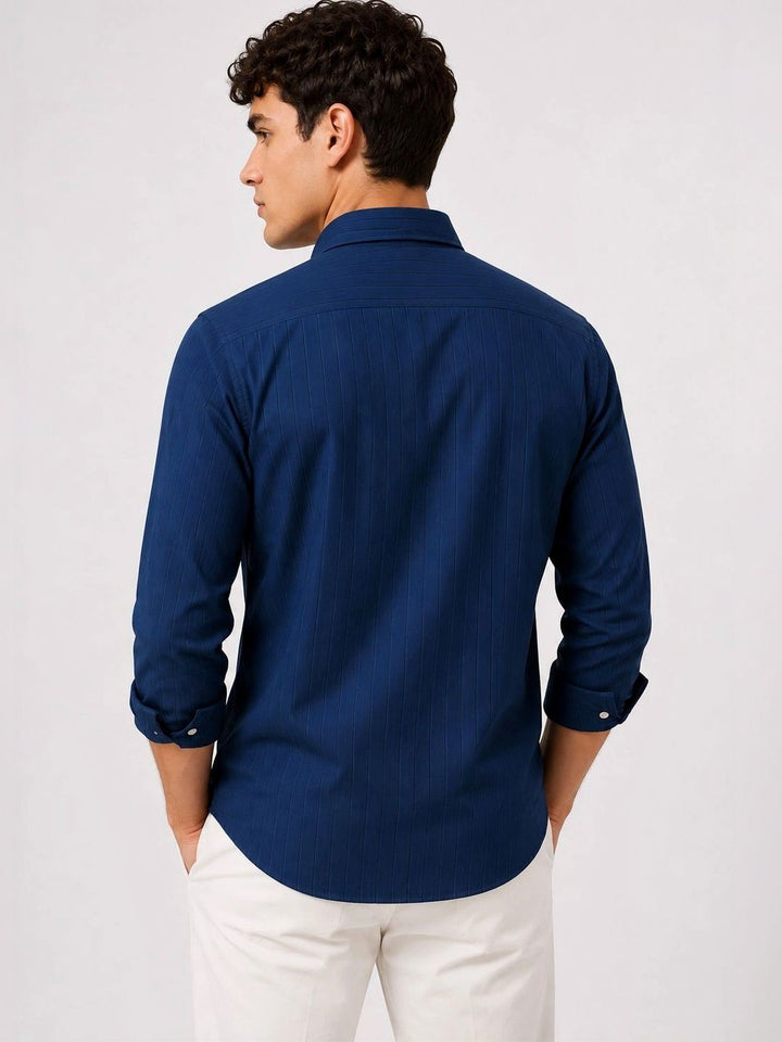 ADRO Men Navy Blue Striped Regular Fit Casual Cotton Shirt