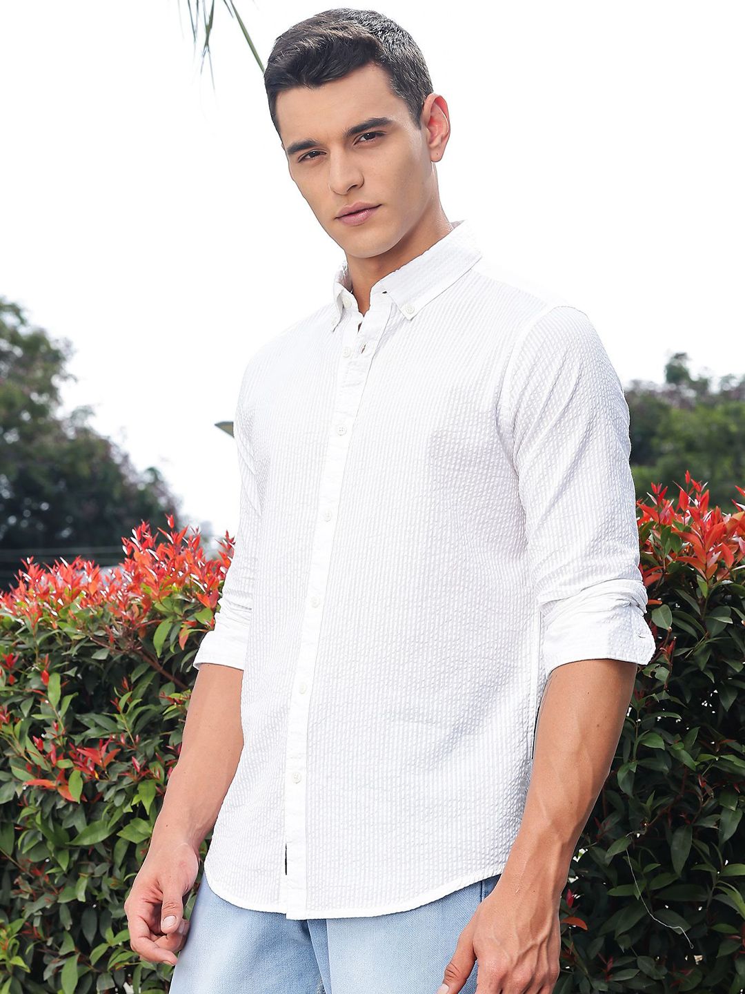 Thomas Scott Premium Seersucker Button-Down Collar Cotton Shirt
