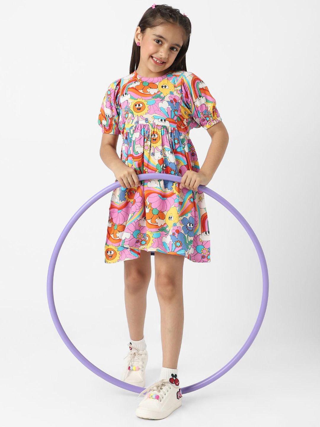 Nauti Nati Girls' Colourful AOP Fit and Flare Dress
