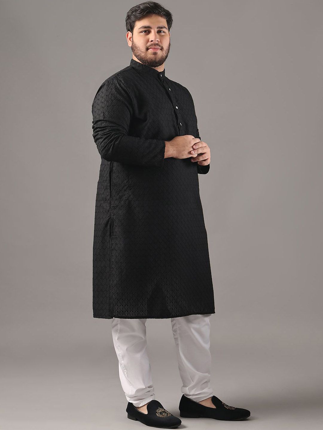 SOJANYA PLUS Size Sulam Chikankari Band Collar Pure Cotton Kurta Lurus