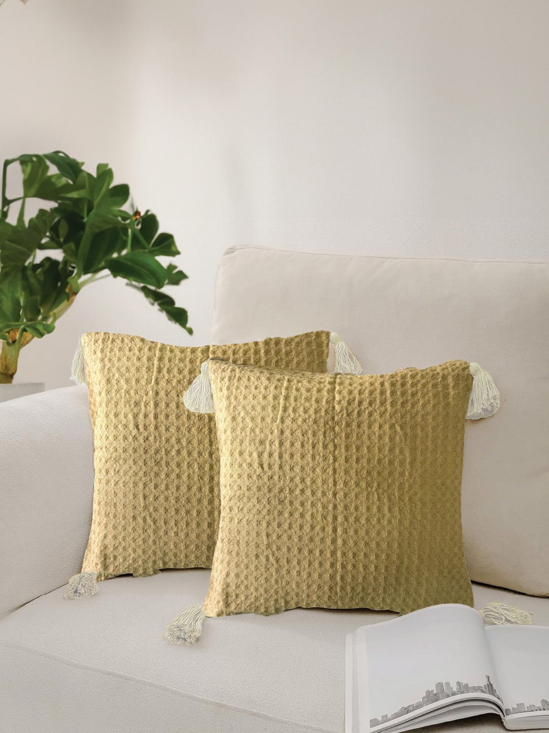 URBAN SPACE Khaki 2 Pieces Checked Pure Cotton Square Cushion Covers