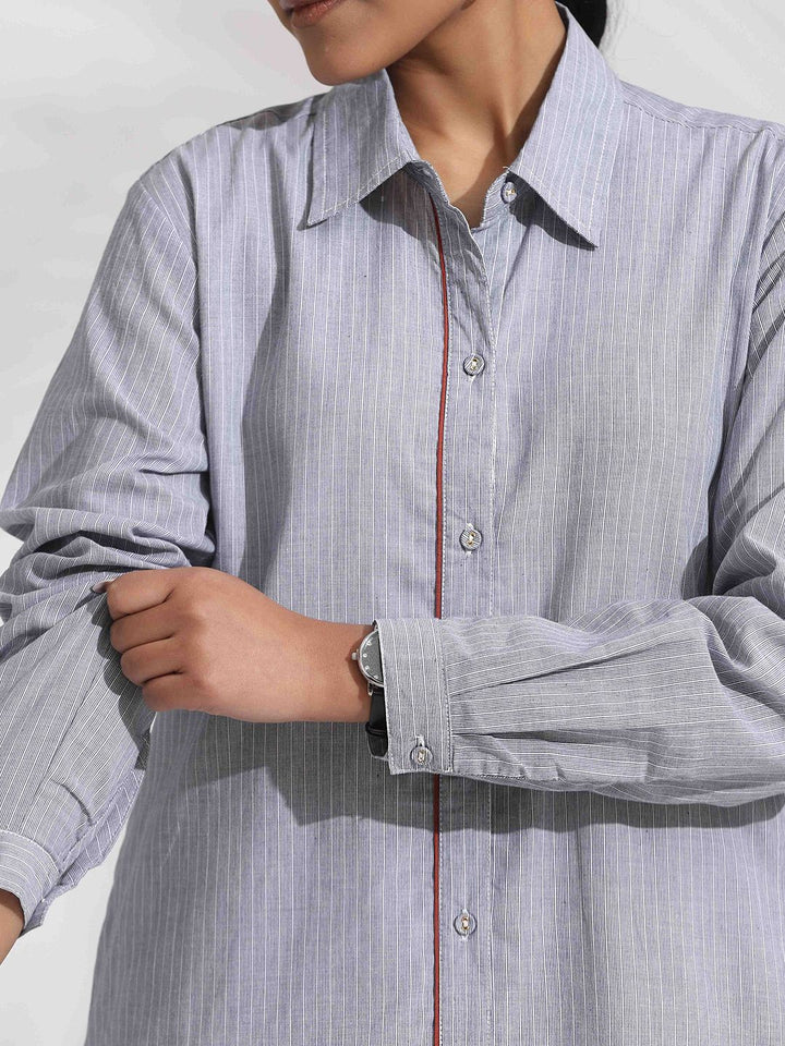 trueBrowns Women Grey Stripe Cotton Shirt Dress