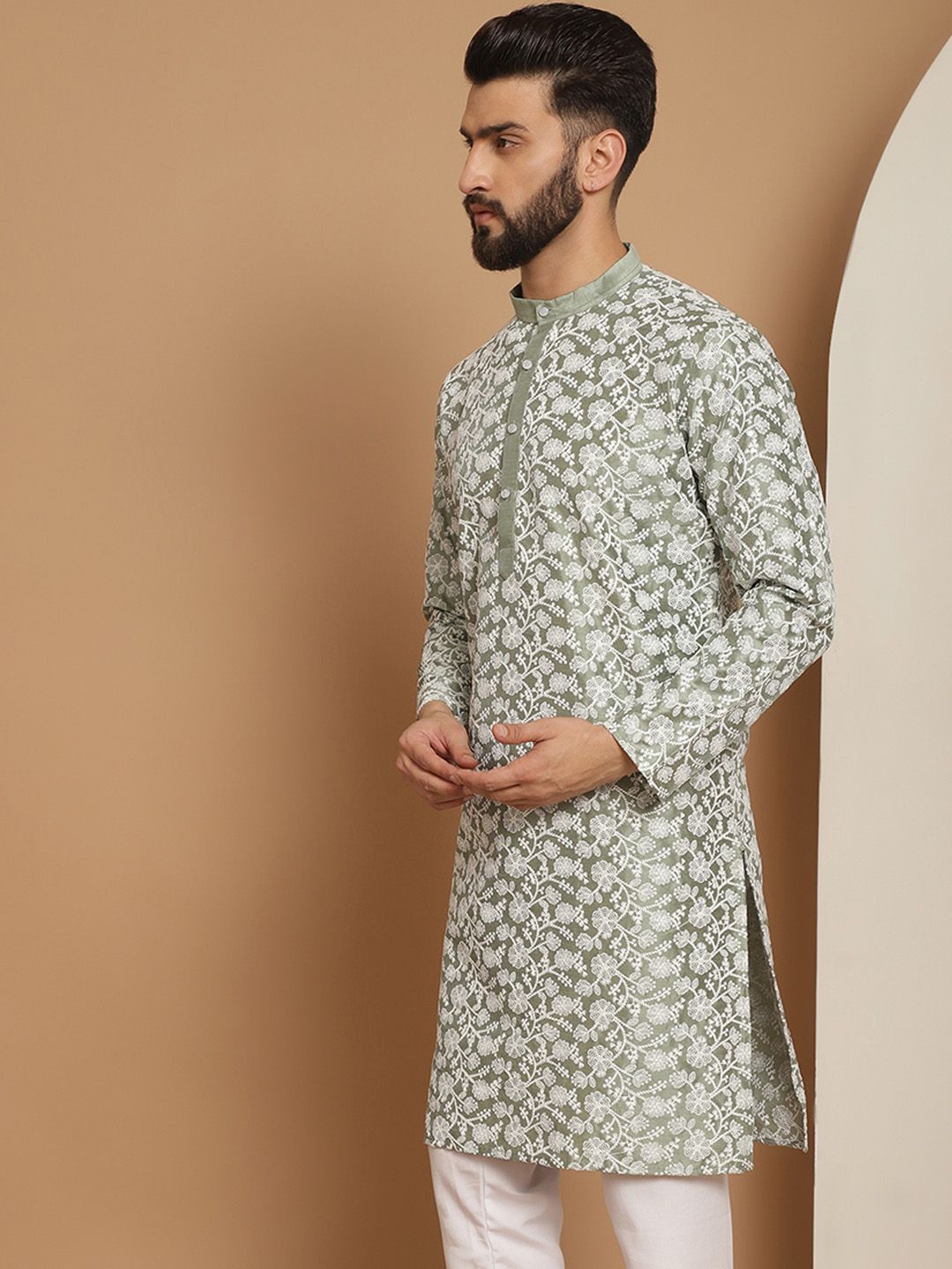 Anouk Men Green Ethnic Motifs Printed Thread Work Kurta