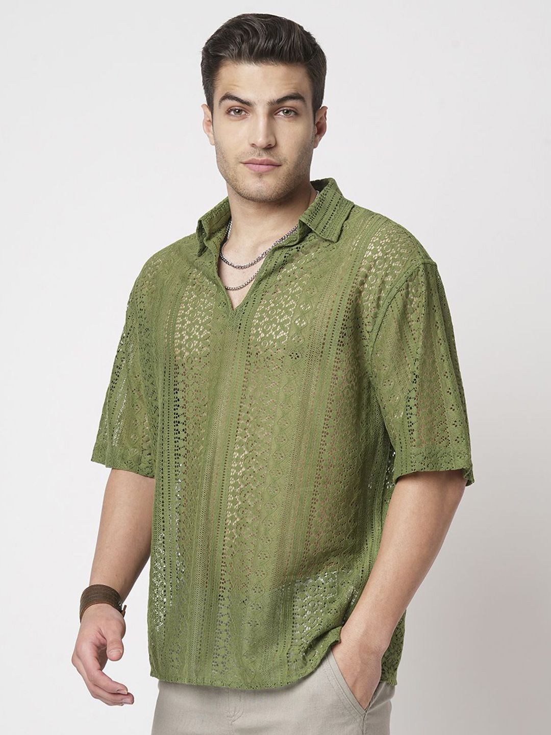 VASTRADO Men Classic Oversized Fit Spread Collar Textured Cotton Casual Shirt
