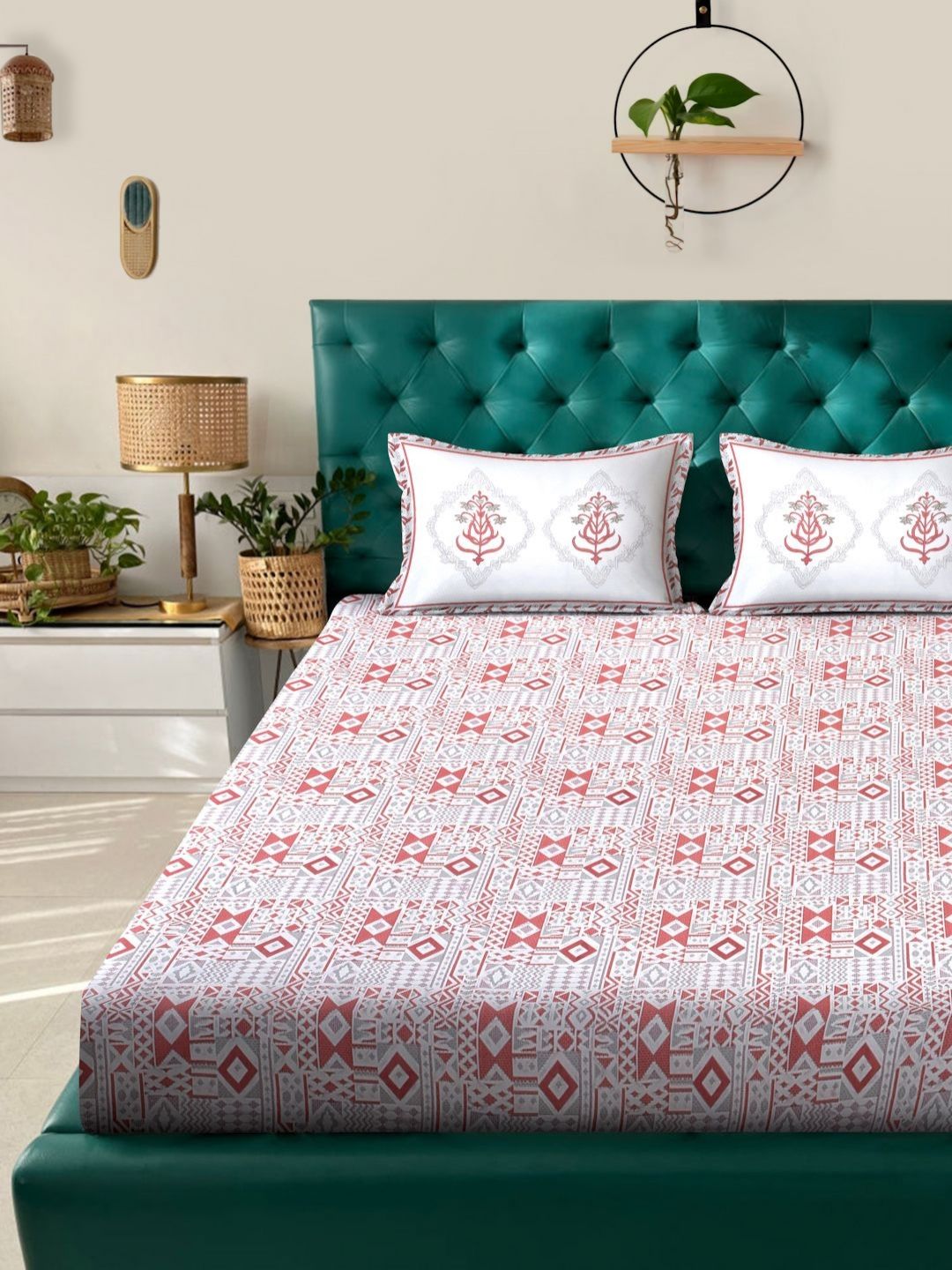 Myntra Elegant Homes Red & White Geometric 400 TC King Bedsheet with 2 Pillow Covers